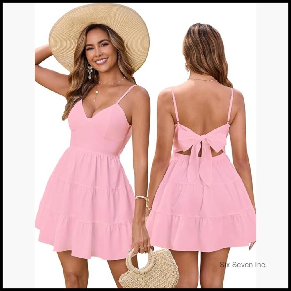 Polyester Summer Sundress V Neck Backless Bow Tie Flowy Mini Dress